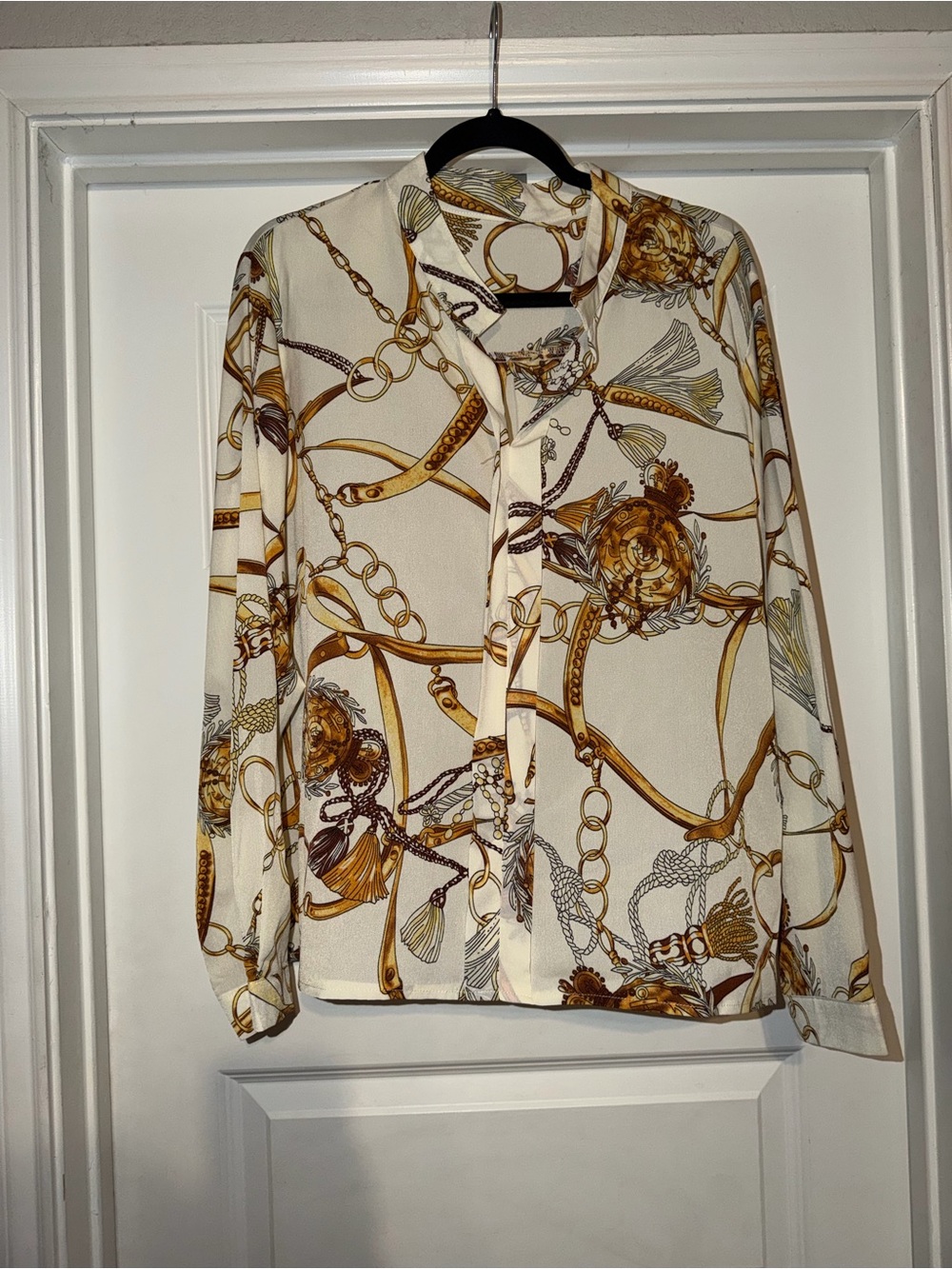 SHEIN Cream Button-Up Shirt with Gold & Brown Chain Print